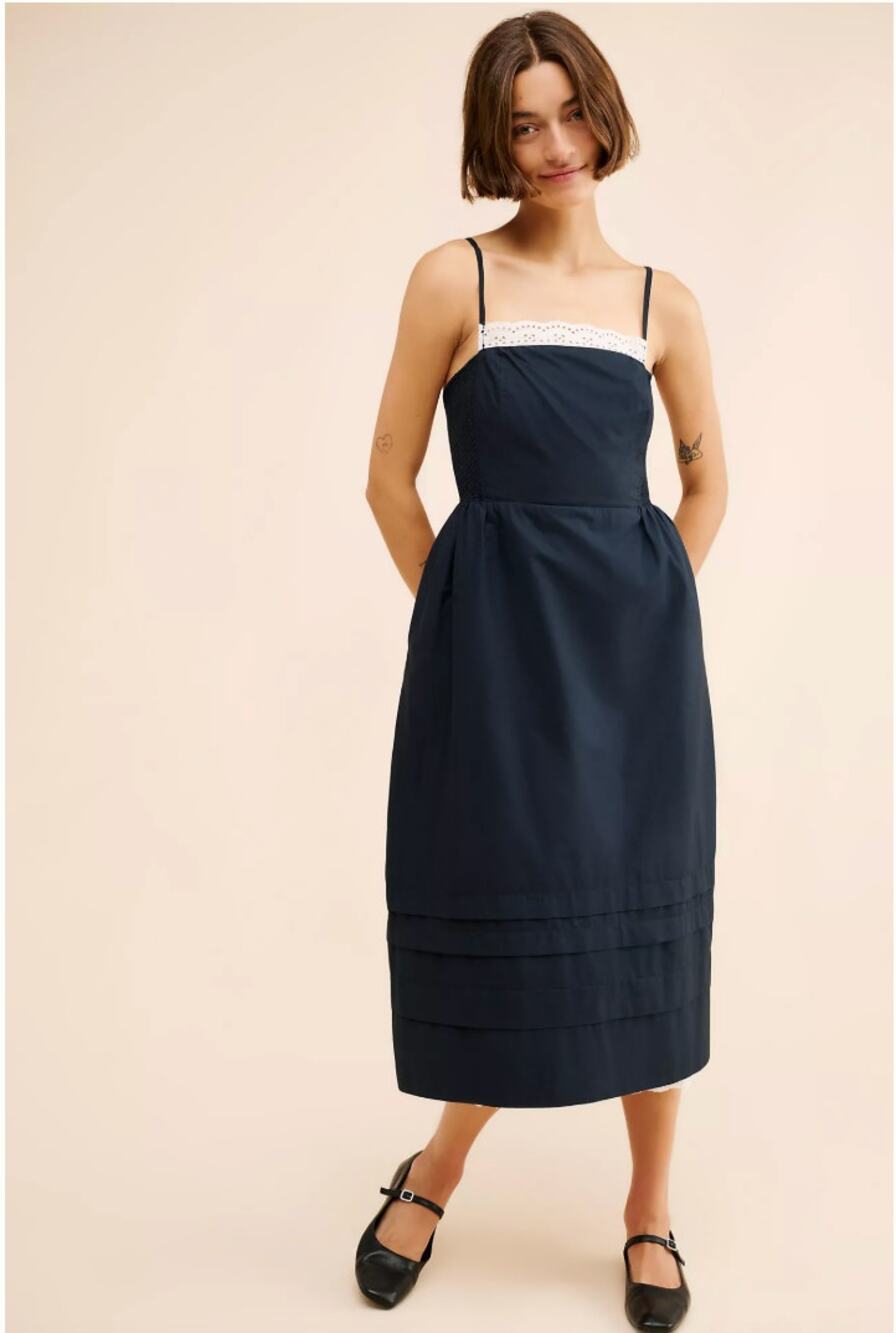Anthropologie Sleeveless Poplin Midi Dress Cotton Navy Smocked Size Medium New